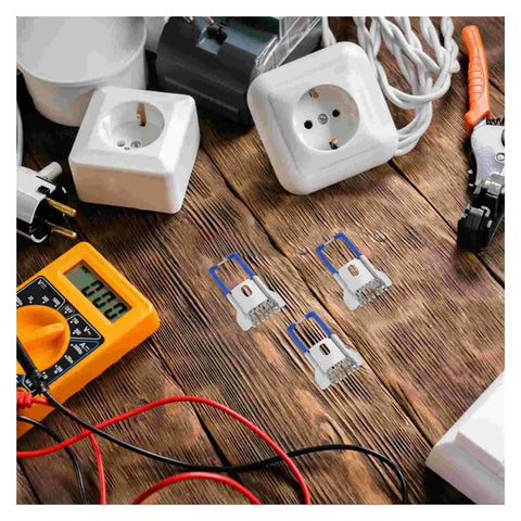 30 Pack Recessed Lighting Clips And Lamp Trim Springs For LED Panels on wooden surface with electrical tools nearby
