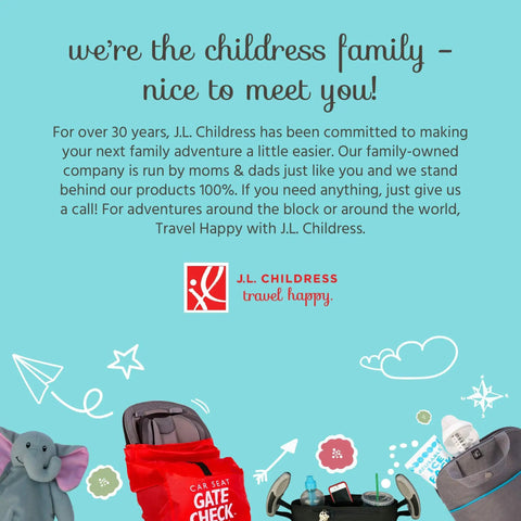 Cups N Cargo Universal Stroller Caddy Organizer With Cup Holders And Mesh Storage Bag For Busy On The Go Parents, promotional image with illustrations and text.