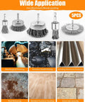 5 Piece Drill Wire Brush Set With One Quarter Inch Hex Shank Heavy Duty Carbon Steel Crimped Bristles for rust removal