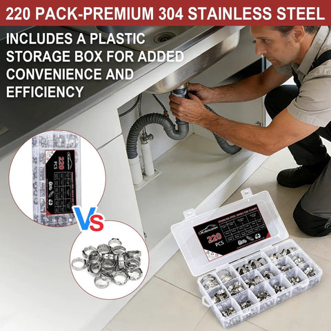 Heavy Duty Stainless Steel Ear Clamps Set 220 Pcs With 16 Sizes 5.3 To 31.1 mm Stepless Adjustable Crimp Clamps in use under sink