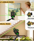 16 Lines Laser Level With Tripod For DIY Projects Self Leveling For Indoor Use Two Batteries Included High Accuracy Cross Line Tool Built For Handyman Pros, showing self and manual modes