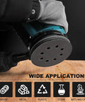 Image of 120 Pcs 5 Inch Sanding Discs Hook And Loop 8 Holes Wet Dry Grit 320 400 600 800 1000 2000 3000 With 2 Interface Pads Silicon Carbide Round Sandpaper Pro Grade Kit For Wood Metal Plastic Finishing, shown in use on wood surface.