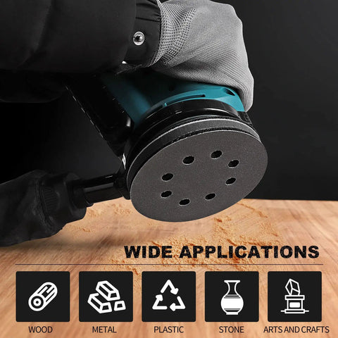 Image of 120 Pcs 5 Inch Sanding Discs Hook And Loop 8 Holes Wet Dry Grit 320 400 600 800 1000 2000 3000 With 2 Interface Pads Silicon Carbide Round Sandpaper Pro Grade Kit For Wood Metal Plastic Finishing, shown in use on wood surface.