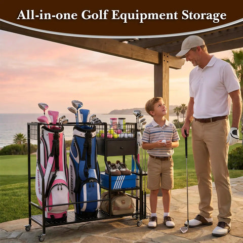 Garage Golf Bag Organizer And Storage Rack With 6 Club Slots Wheels Fabric Drawer And Hooks Holds 2 Golf Bags And Accessories