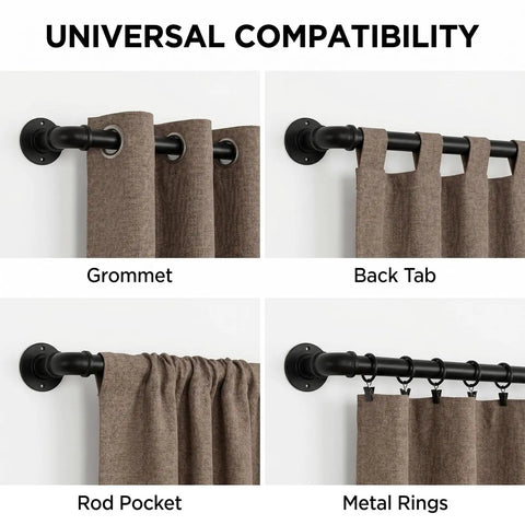 Industrial Black Curtain Rods 18 To 88 Inch Adjustable Length 1 Inch Diameter Pipe For Wall Or Ceiling Mount, showing grommet, back tab, rod pocket, and metal rings with brown curtains.