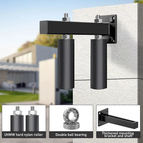 6 Inch Slide Gate Guide Roller with Adjustable UHMW Nylon Guider, heavy duty black hardware, AISI 1045 steel bracket installed on wall