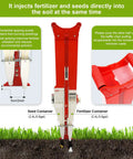Handy Home Garden Manual Seeder With Adjustable Double Cylinder Planter shown with seed and fertilizer containers.