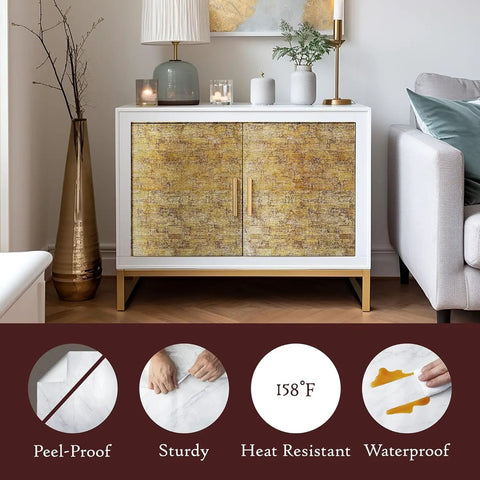 Gold Peel And Stick Wallpaper 24 By 78 Inches on cabinet doors, waterproof metallic vinyl for home decor, shown with features.