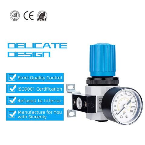 Three Eighths Inch NPT High Pressure Air Regulator With Steel Guarded Gauge, 116 SCFM At 230 PSI, Heavy Duty Build