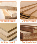 Various board types for woodworking projects shown: wooden, density, fiber, and particle boards for use with 12-Piece Router Bit Set.