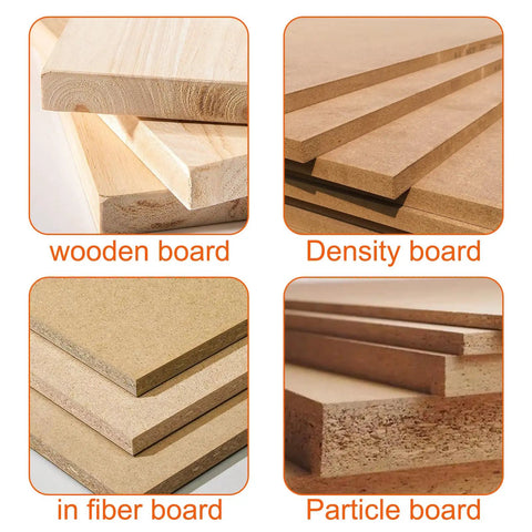 Various board types for woodworking projects shown: wooden, density, fiber, and particle boards for use with 12-Piece Router Bit Set.