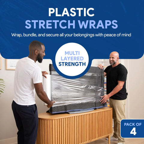 Four Pack 18 Inch Heavy Duty Stretch Wrap For Moving Day 1200 Feet Per Roll Clear Self Adhesive Packing Film securing furniture.