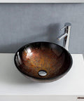USZWBY Bathroom Vessel Sink with Faucet and Drain Combo Vessel Bowl Sink Tempered Glass Countertop Sink Bowl Round Brown Art Above Counter Sink Art Basin, Thickness 12 Cm on white countertop.