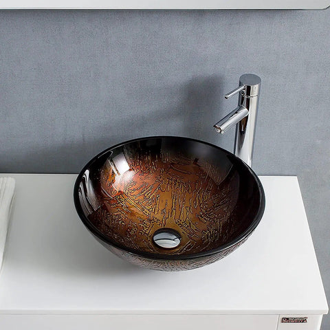 USZWBY Bathroom Vessel Sink with Faucet and Drain Combo Vessel Bowl Sink Tempered Glass Countertop Sink Bowl Round Brown Art Above Counter Sink Art Basin, Thickness 12 Cm on white countertop.