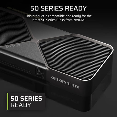 NVIDIA 50 series ready Geforce RTX graphics card showcasing compatibility with RTX 5090 GPUs.