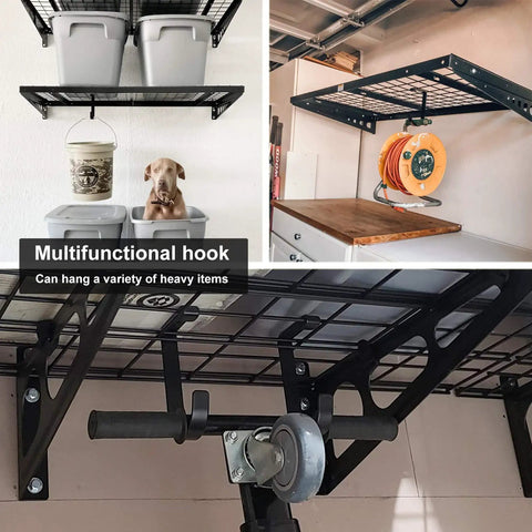 Flat Hook Add On Storage Hooks For Ceiling Racks And Wall Shelving 6 Pack Heavy Duty Garage Organization Clips displayed with items