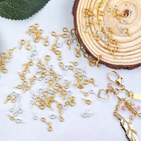 400Pcs Small Screw Eye Pins Set with Mini Eye Hooks, silver and gold clasps scattered for jewelry making and crafts