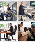 Airplane Foot Hammock Travel Sling With Thickened Bamboo Rest Extendable Adjustment Straps in use on plane, office, desk, car seat.