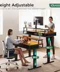 Two people using Electric Standing Desk With Drawers And Keyboard Tray, 55 Inch Height Adjustable Gaming Desk With Power Outlets And LED Lighting