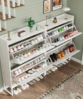 Space Saving Shoe Cabinet With Two Flip Drawers And Adjustable Shelf, Narrow White Shoe Organizer That Holds 16 Pairs Or More