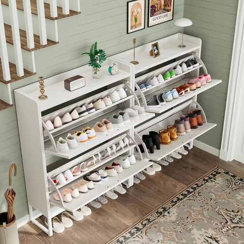 Space Saving Shoe Cabinet With Two Flip Drawers And Adjustable Shelf, Narrow White Shoe Organizer That Holds 16 Pairs Or More