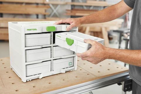 Person using Festool DuoPower Anchor Set 5 6 8 10 Mm With 6 x 35 Chipboard Anchors In MINI Systainer S 76 in workshop