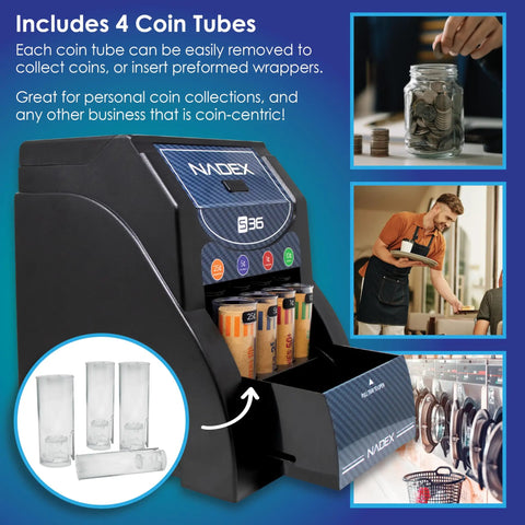 36S Automatic Coin Sorter Sorts Up To 200 Coins Per Minute With Automatic Start Stop Feature and pull tray for easy sorting