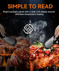 Digital Meat Thermometer Instant Read In 1 Second For Grilling, BBQ, with large backlit display reading steak temperature