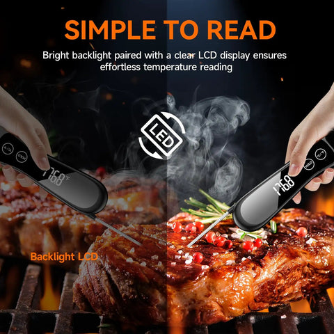 Digital Meat Thermometer Instant Read In 1 Second For Grilling, BBQ, with large backlit display reading steak temperature