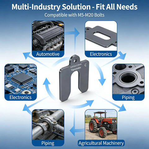 Multi-industry shim stock kit with examples in automotive, electronics, piping, and agriculture, featuring compatibility with M5-M20 bolts.