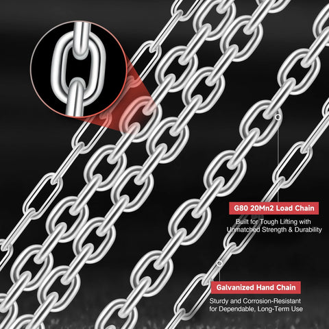 Close-up of galvanized hand chain with G80 load chain for heavy duty manual lever hoist, showcasing construction and industrial strength.