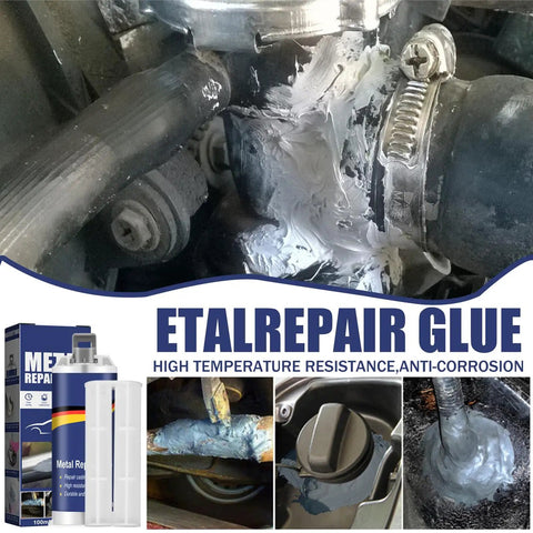 Metal Repair Glue For Casting And Welding Filler, High Temp Resistant Liquid Metal Adhesive That Fixes Defects, Tough As Nails Repair Solution Softenable In Hot Water, 100g XY0096-F during application process with tube and repaired parts visible