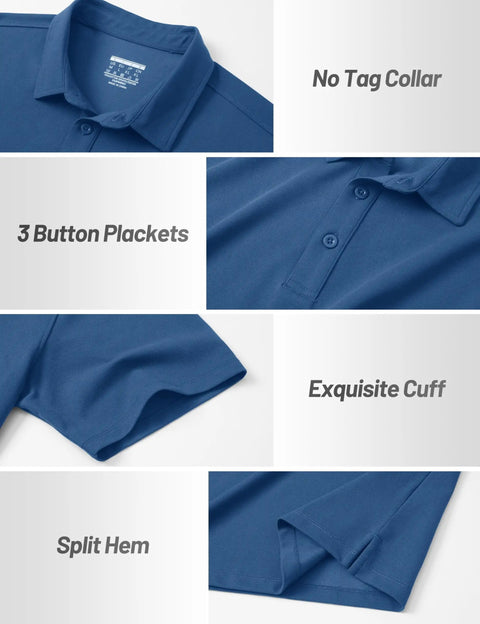 Mens Polo Shirt Cotton Pique Short Sleeve 3 Button Closure, Classic Fit Casual Athletic Performance Golf Tee, Breathable Moisture Wicking Top In Blue Gray Large with no tag collar, exquisite cuff, and split hem details.