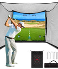 Golfer using a Spacious 11x8ft Golf Simulator Hitting Net With Dual Layer HD Impact Screen Heavy Duty Indoor Outdoor Practice Cage