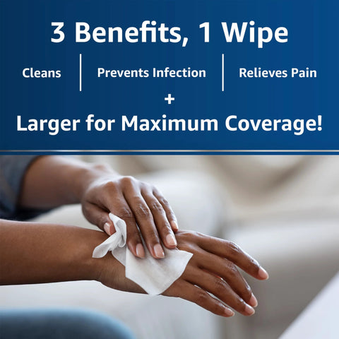 Dermoplast Wound Wipes ad banner on blue background showing 3 Benefits, 1 Wipe, and a hand using a white wipe.