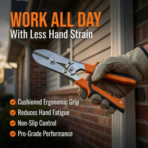 Person holding Five Blade Sheet Metal Crimp Tool With Ergonomic Grip for gutters, downspouts, visible cushioned handle