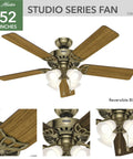 Studio Series 52-Inch Indoor Ceiling Fan With New Bronze Finish, Lit LED Light Kit, Pull Chains, Reversible WhisperWind Motor