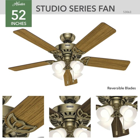 Studio Series 52-Inch Indoor Ceiling Fan With New Bronze Finish, Lit LED Light Kit, Pull Chains, Reversible WhisperWind Motor