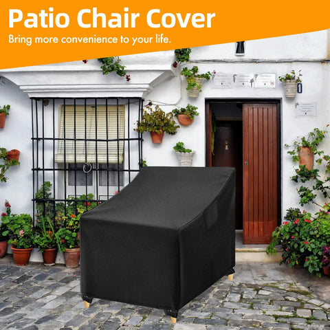 Heavy duty black patio furniture protector on wicker chair, fits 30W x 37D x 31H, in garden setting. Waterproof Outdoor Chair Covers 2 Pack.