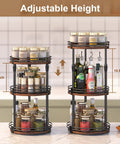 3 Tier Rotating Lazy Susan Spice Rack With Adjustable Height For Cabinet Pantry And Kitchen Counter Quick Glide smooth turn black racks with multiple jars.