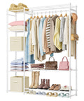 The Go To Portable Wardrobe Closet And Clothes Rack With Four Tier Shelves For Folded Fits And Bags Plus A Double Layer Shoe Rack That Holds Fourteen Pairs And Plenty Of Hanging Spots To Keep Your Jacket And Blouse Collection Squeaky Clean, featuring hanging clothes, shelves, and shoes.