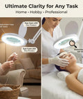 Premium 10X Magnifying Lamp With 6500K LED Light, Adjustable Arm, Rolling Base in use for knitting and facial exam settings