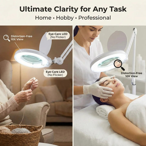 Premium 10X Magnifying Lamp With 6500K LED Light, Adjustable Arm, Rolling Base in use for knitting and facial exam settings