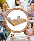 Collage featuring 20 Inch Folding Teak Shower Bench Wall Mounted Seat for Seniors and Adults with Brushed Nickel Cover