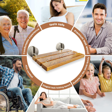 Collage featuring 20 Inch Folding Teak Shower Bench Wall Mounted Seat for Seniors and Adults with Brushed Nickel Cover