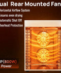 Top Shelf Heavy Duty 12 Tray Food Dehydrator With 800W Dual Fan And 48H Timer showing dual rear mounted fans for even drying.