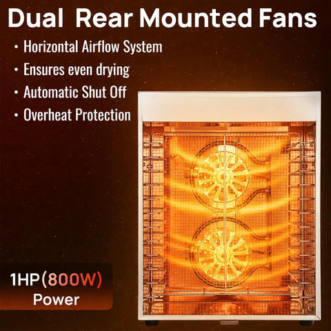 Top Shelf Heavy Duty 12 Tray Food Dehydrator With 800W Dual Fan And 48H Timer showing dual rear mounted fans for even drying.