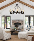 31.5 Inch Wagon Wheel Chandelier With 12 Lights Black Industrial Rustic Farmhouse Ceiling Fixture for Living Room with vaulted ceiling