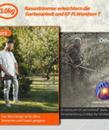 Comparison of a young man using a Cordless 21V 4 in 1 Weed Eater With Brush Cutter Edger And Grass Trimmer outdoors with competitor