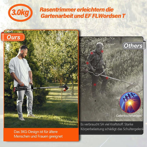 Comparison of a young man using a Cordless 21V 4 in 1 Weed Eater With Brush Cutter Edger And Grass Trimmer outdoors with competitor